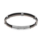 Bracelet acier et cuir bovin marron avec câble tresse pvd doré rose double fermoir Bracelet acier et cuir bovin marron avec câble tresse pvd doré rose double fermoir