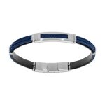 Bracelet acier et cuir bovin noir 3 c�bles bleus 20 + 1cm double fermoir