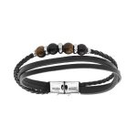 Bracelet acier et cuir bovin noir 3 rangs boules oeil de tigre et boules noires 21cm réglable Bracelet acier et cuir bovin noir 3 rangs boules oeil de tigre et boules noires 21cm réglable