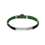 Bracelet acier et cuir bovin noir cordon vert et motif roue 20 + 1cm double fermoir Bracelet acier et cuir bovin noir cordon vert et motif roue 20 + 1cm double fermoir