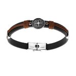 Bracelet acier et cuir bovin noir coton marron rondelle boussole 20, 5cm r�glable