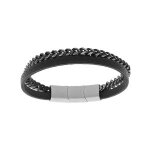 Bracelet acier cuir bovin noir et maille gourmette aspect vieilli 20cm + 1cm double fermoir