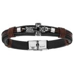 Bracelet acier et cuir bovin noir et marron avec croix 20, 5cm rglable