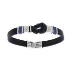 Bracelet acier cuir bovin noir avec noeud et cordon bleu 20, 5cm + 1, 5cm double fermoir Bracelet acier cuir bovin noir avec noeud et cordon bleu 20, 5cm + 1, 5cm double fermoir