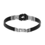 Bracelet acier cuir bovin noir avec noeud tranche et cordon gris 20, 5cm + 1, 5cm double fermoir Bracelet acier cuir bovin noir avec noeud tranche et cordon gris 20, 5cm + 1, 5cm double fermoir