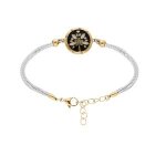 Bracelet acier et pvd jaune cordon blanc motif rond avec rsine 16 + 3cm