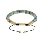 Bracelet acier et pvd jaune pierres jaspe bleu v�ritable coulissant cordon noir