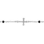 Bracelet argent rhodi chanette pierres noires avec croix couche 16 + 3cm