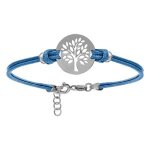 Bracelet argent rhodi cordon double bleu ciel interchangeable rondelle gravure arbre de vie 16 + 3cm ...