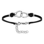 Bracelet argent rhodi� cordon fin noir interchangeable motif menottes 16 + 4cm