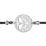 Bracelet argent rhodi cordon noir double et rondelle arbre de vie 16 + 3cm