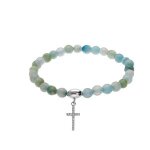 Bracelet argent rhodi extensible pierres naturelles 6mm agate bleu ciel avec croix 15mm oxydes blancs ...
