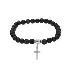 Bracelet argent rhodi extensible pierres naturelles 6mm agate noire avec croix 15mm oxydes blancs