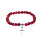 Bracelet argent rhodi extensible pierres naturelles agate 6mm grenat avec croix 15mm oxydes blancs