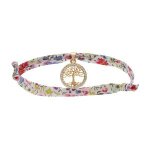 Bracelet liberty tissu fleuri rose 1 pampille arbre de vie oxydes blancs sertis plaqu or rglable