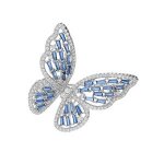 Broche argent rhodi papillon oxydes bleus et blancs sertis
