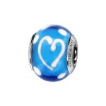 Charms coulissant argent rhodié verre de murano bleu coeur blanc fin Charms coulissant argent rhodié verre de murano bleu coeur blanc fin