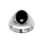 Chevalire argent rhodi moyenne ovale 14x10 calcdoine noire avec 1 oxyde blanc serti
