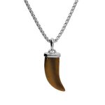 Collier acier pendentif corne 40 mm de long oeil de tigre v�ritable 55 + 5cm