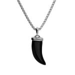 Collier acier pendentif corne 40 mm de long onyx vritable 55 + 5cm