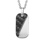 Collier acier pendentif moiti carbone noir et cble diagonale 45 + 10cm
