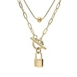 Collier acier et pvd jaune double rang avec boule et pendentif cadenas 44cm