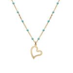 Collier argent et dore jaune boules rsine turquoise imitation avec coeur 40 + 5cm