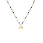 Collier argent et dorure jaune boules rsine bleu fonc avec demi lune 40 + 5cm