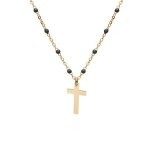 Collier argent et dorure jaune boules rsine noires avec croix 40 + 5cm