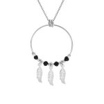 Collier argent rhodi 23mm boules lisses noires pampille 3 plumes 40 + 4cm