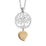 Collier argent rhodi� arbre de vie et feuille dorure jaune 42 + 3cm