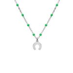 Collier argent rhodi boules rsine vertes avec fer  cheval 40 + 5cm