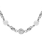 Collier argent rhodi� pastille diamant�e et boule verre blanche 38 + 5cm