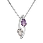 Collier argent rhodi� pendentif 2 pierres amethyste veritable et topaze blanc 42 + 3cm