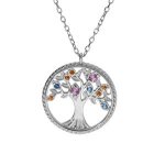 Collier argent rhodi� pendentif arbre de vie contour perl� avec oxydes multi couleurs 42 + 3cm