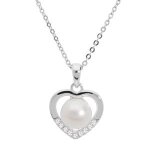 Collier argent rhodi pendentif coeur perle de culture d'eau douce blanche et oxydes blancs sertis 42 ...