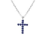 Collier argent rhodi� pendentif croix oxydes bleu 42 + 3cm