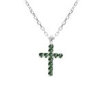Collier argent rhodi� pendentif croix oxydes vert 42 + 3cm