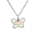 Collier bicolore argent rhodi� et dorure jaune pendentif double papillon 40 + 5cm