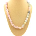 Collier perles b�ryl morganite du br�sil + kunzite du br�sil. chaine en acier inoxydable.