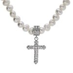 Collier perles de culture d'eau douce croix oxydes blancs sertis 40 + 5cm