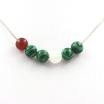 Collier perles pierre de lune + agate rouge + malachite 8 mm chaine en acier inoxydable.