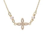 Collier plaqu or fleur oxydes blancs sertis et 2 perles blanches imitation 40 + 6cm