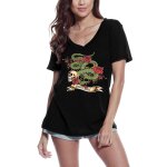 Femme tee - shirt col v mort du serpent - crnes effrayants avec des fleurs - snake death - scary skulls ...