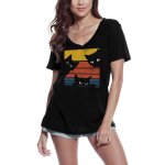 Femme tee - shirt col v rtro coucher de soleil chat noir - retro sunset black cats cat - t - shirt graphique ...