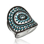 Grosse bague soleil femme - argent massif 925 rhodié - zircons et pierres bleues Grosse bague soleil femme - argent massif 925 rhodié - zircons et pierres bleues