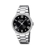 Montre pour dame en acier argent cadran noir orn de zircons festina