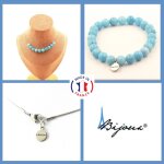 Parure bijoux bracelet collier 10 perles calcdoine bleu 8 mm. chaine taille personnalisable.