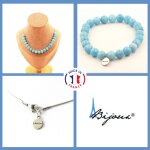 Parure bijoux bracelet collier 20 perles calc�doine bleu 8 mm. chaine taille personnalisable.
