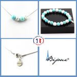 Parure bijoux bracelet collier perles turquoise + howlite 8 mm. chaine taille personnalisable.